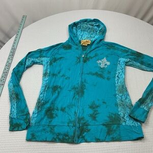 Teal Tie-Dye Utility Jacket with Lace Accents